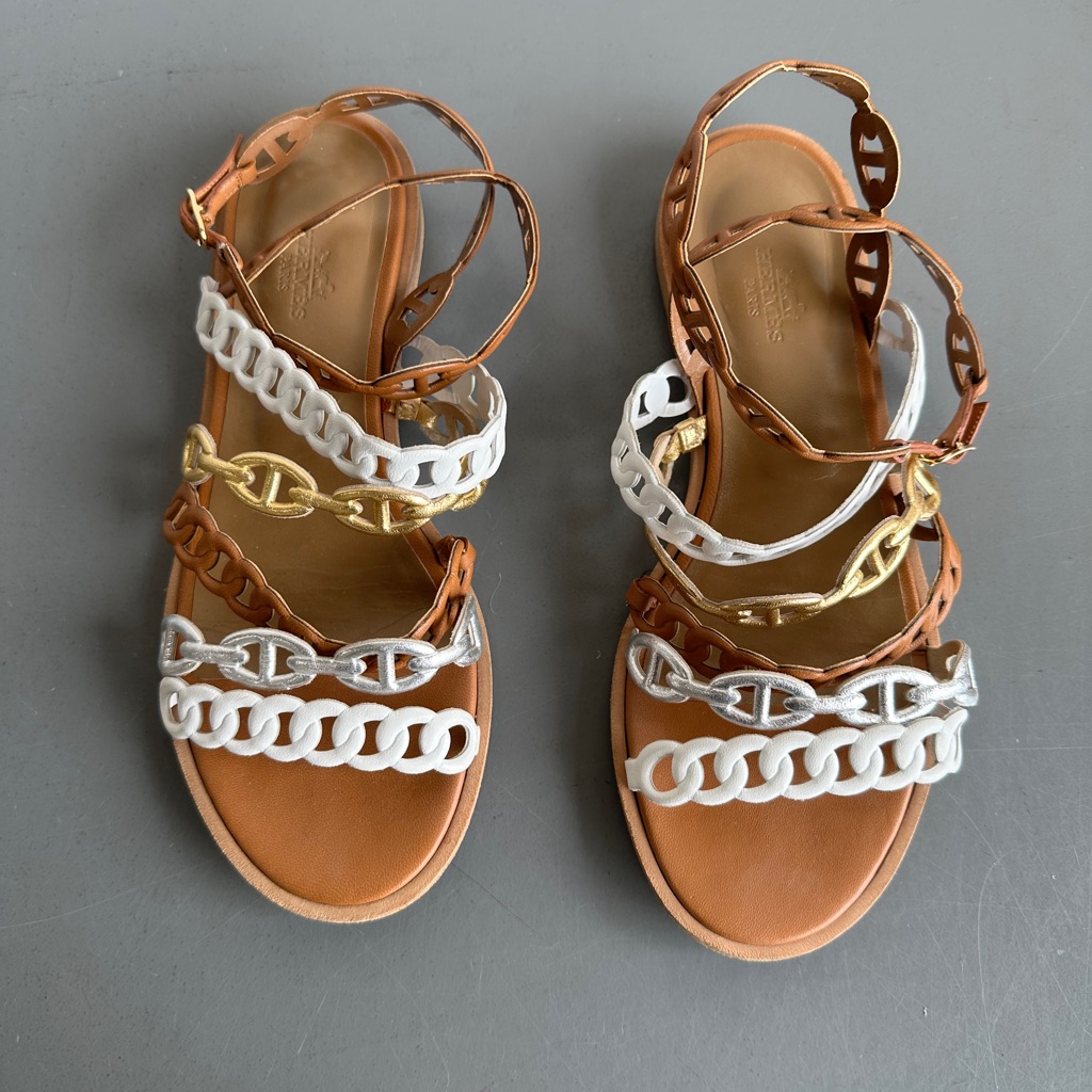 Hermes Kalliste Sandals Camel, Gold, White 36.5